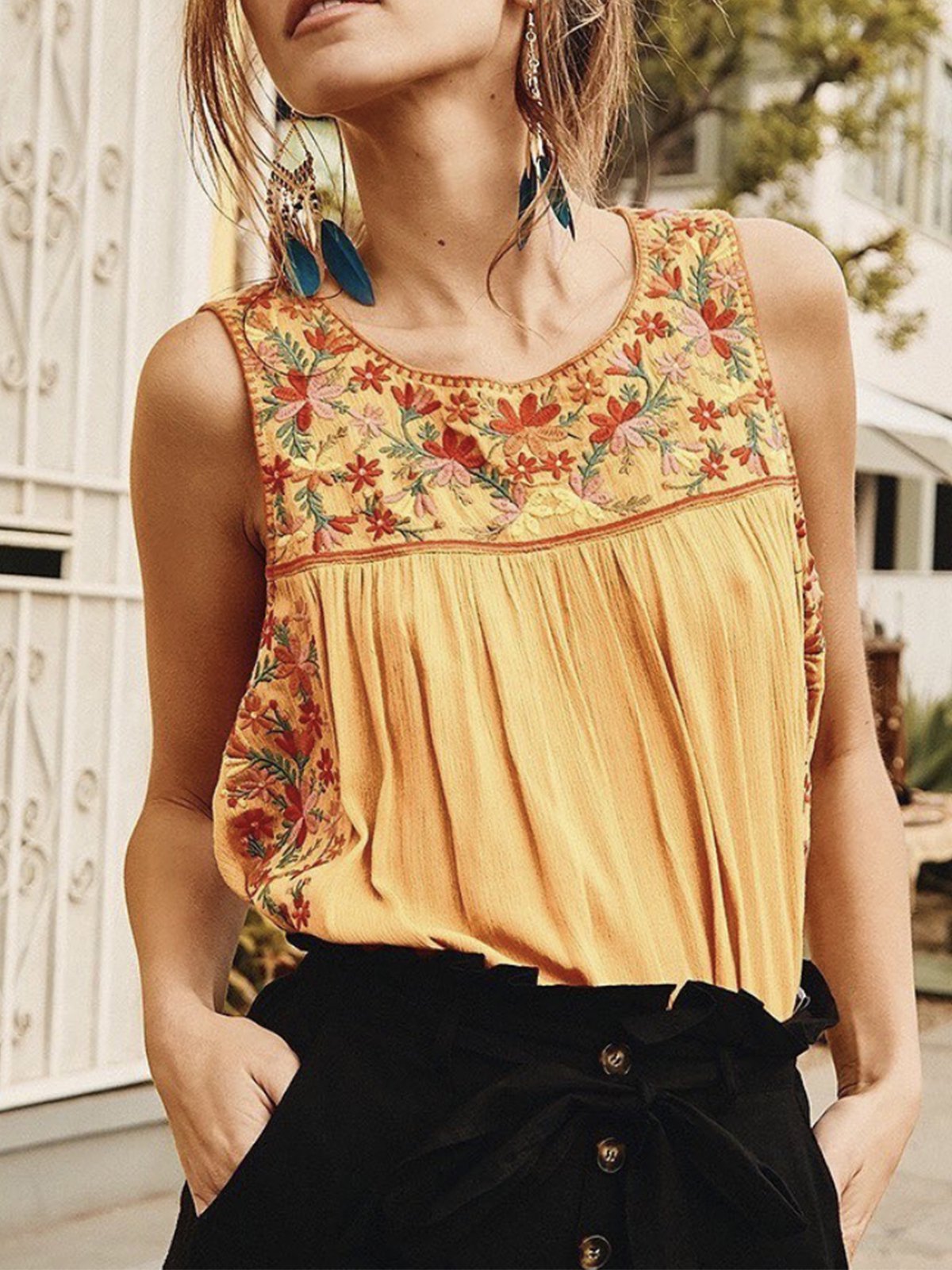 Boho Crew Neck Sleeveless Shirts & Tops