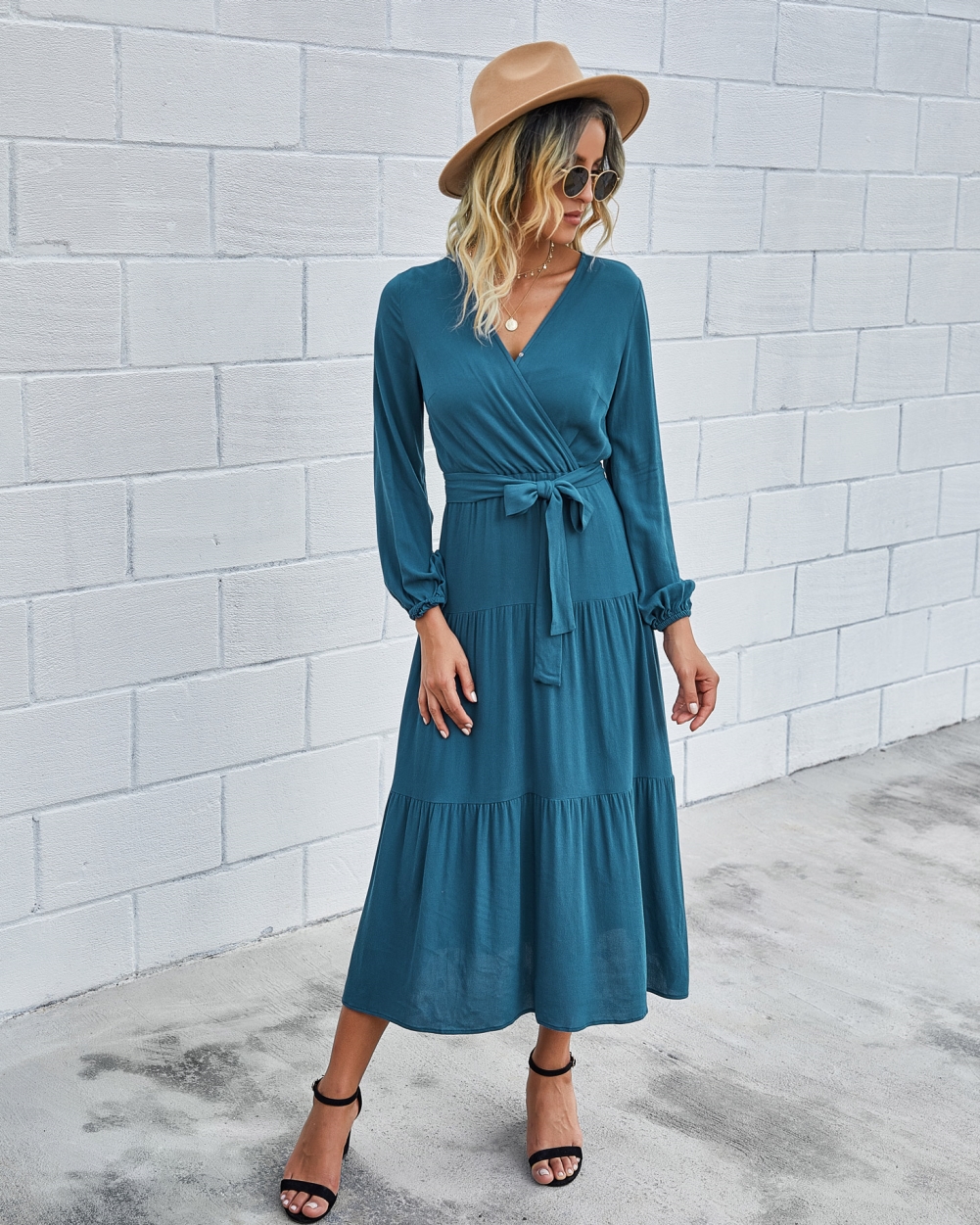 Western Long Sleeve Wrapped Solid Long Dress