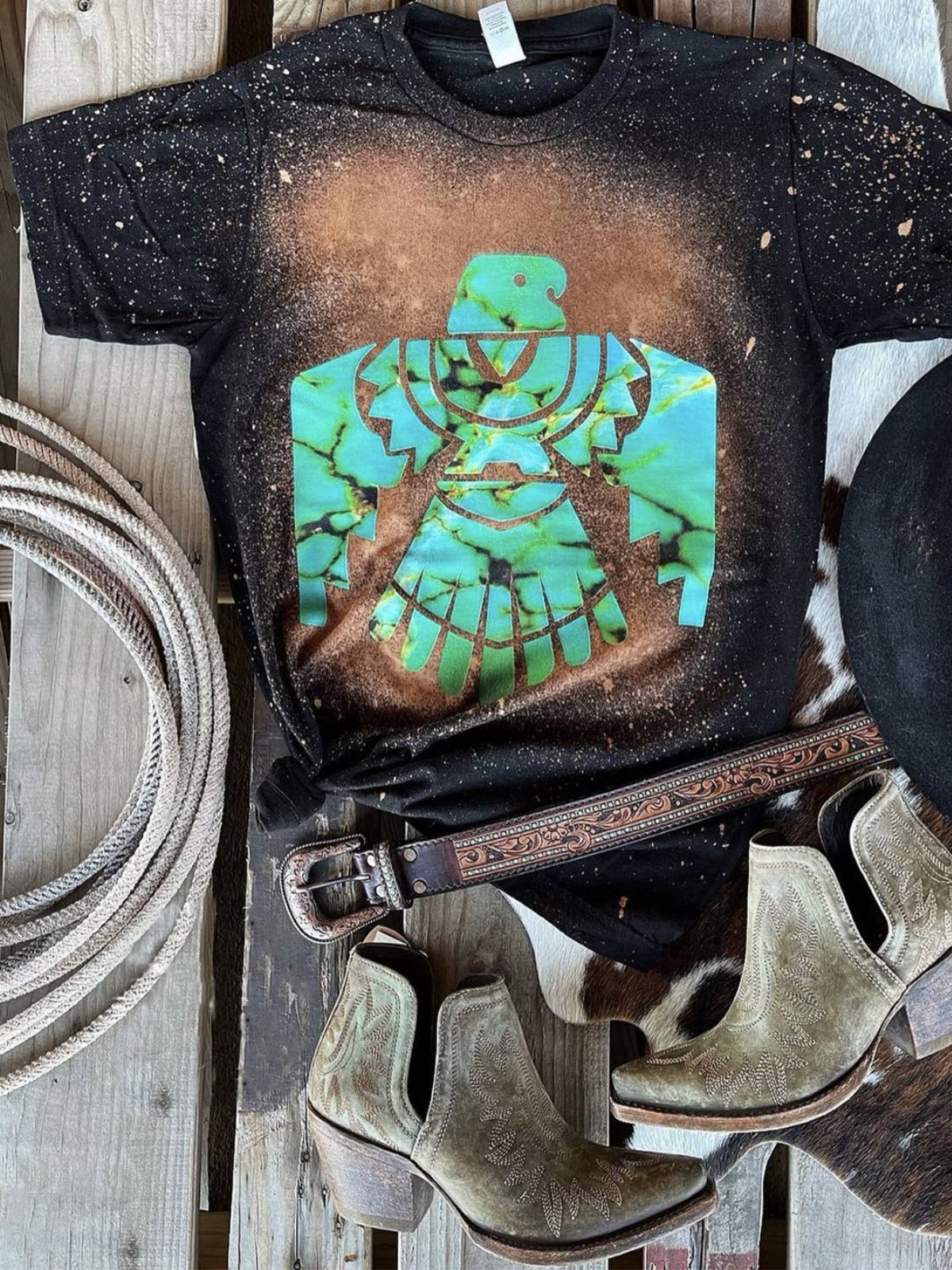 Turquoise Color Totem Symbol Simple Tribal Short Sleeve Shirts & Tops