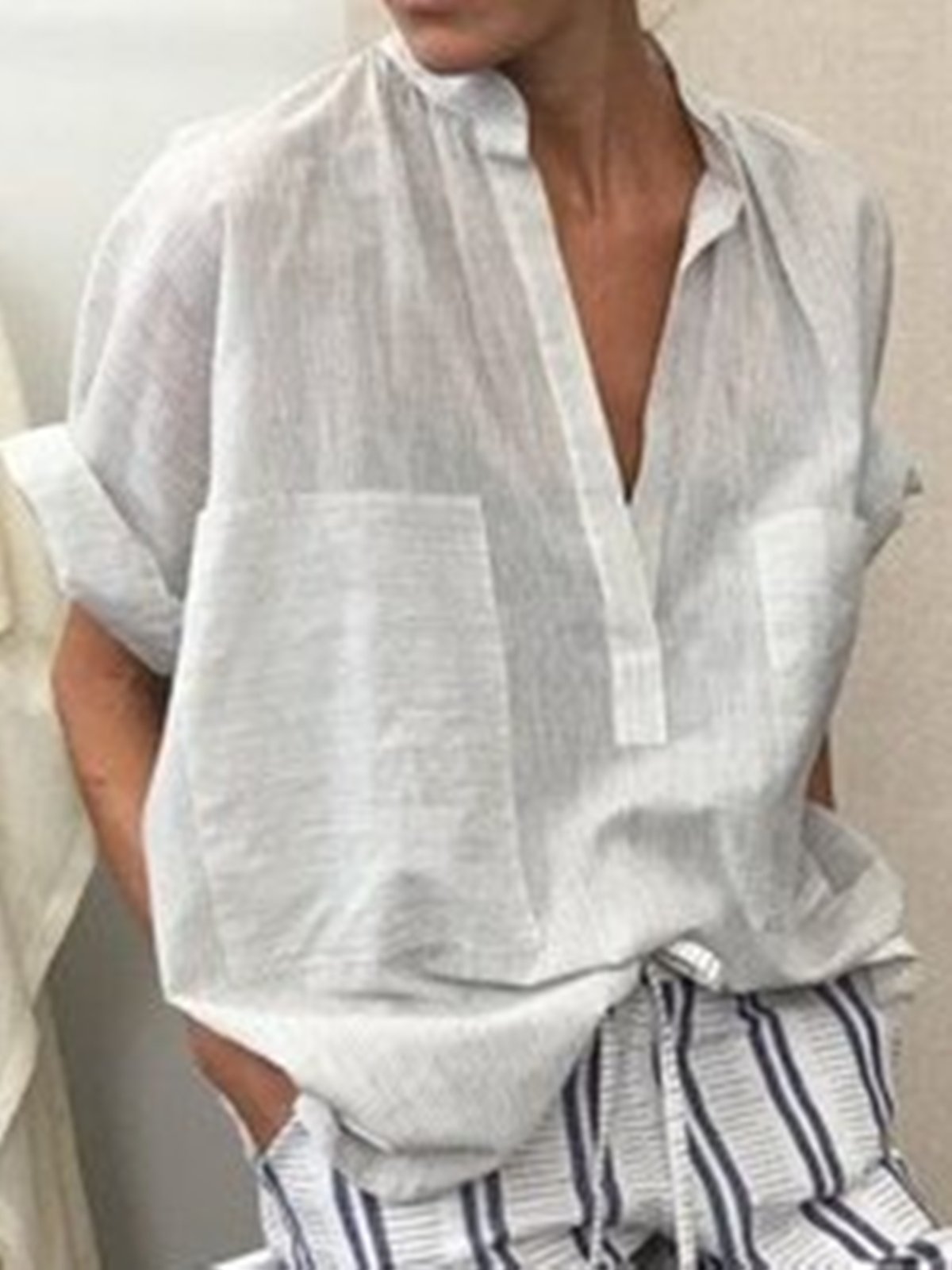 White Plain V Neck 3/4 Sleeve Shift Shirts & Tops