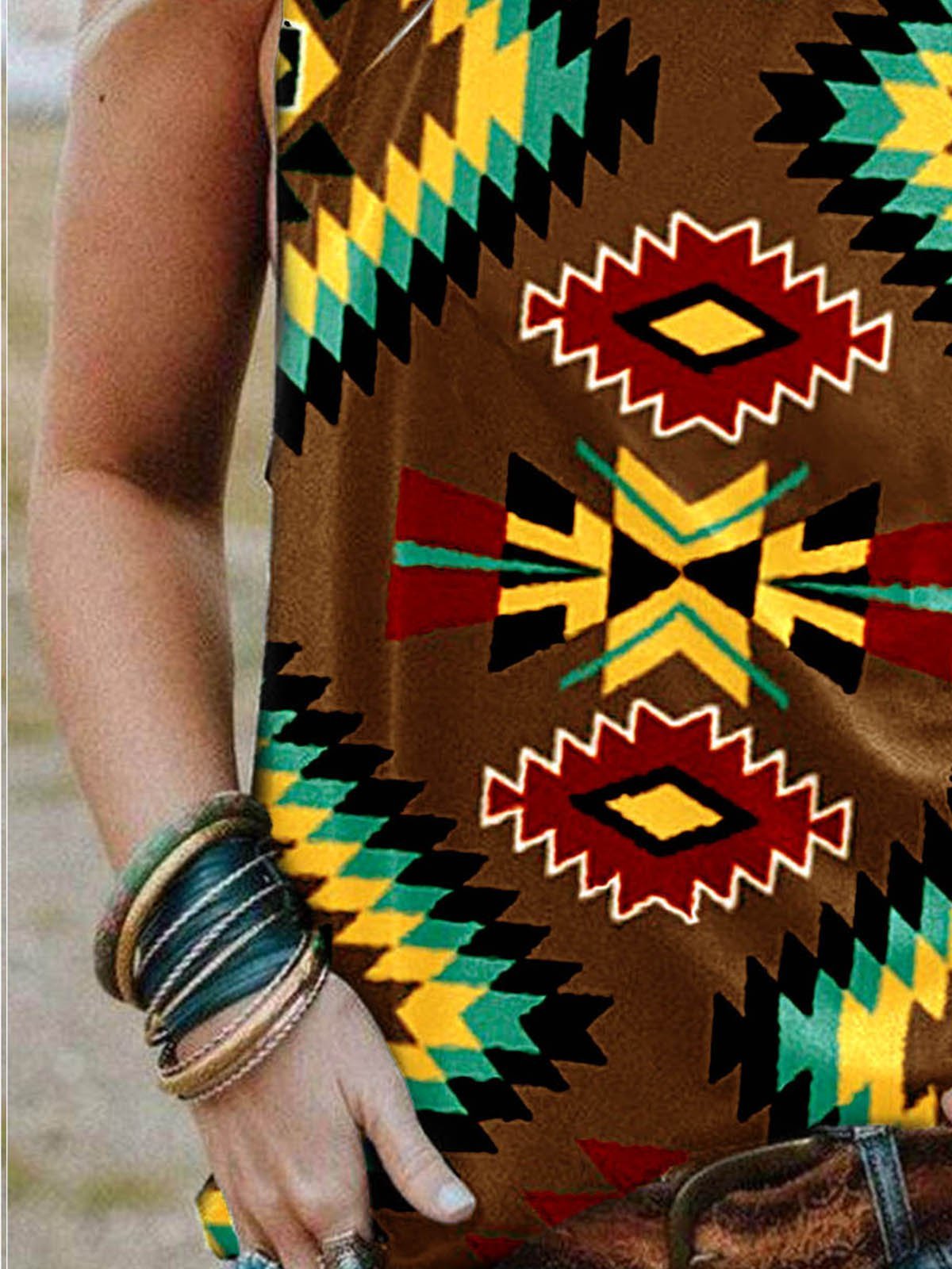 Geometric Casual Crew Neck Cotton-Blend Shirts & Tops