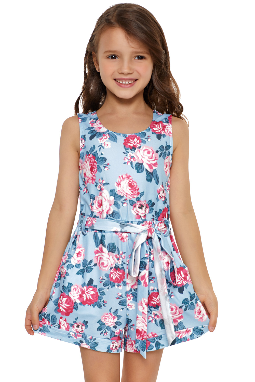 Sky Blue Floral Romper for Little Girls