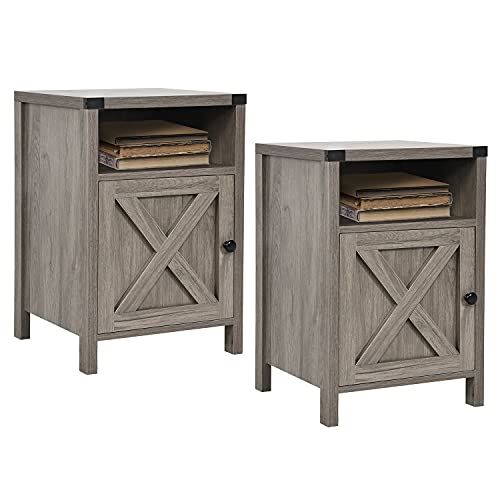 Rustic Nightstands Set W/ Barn Door and Shelf for Bedroom, Living Room / Set of 2