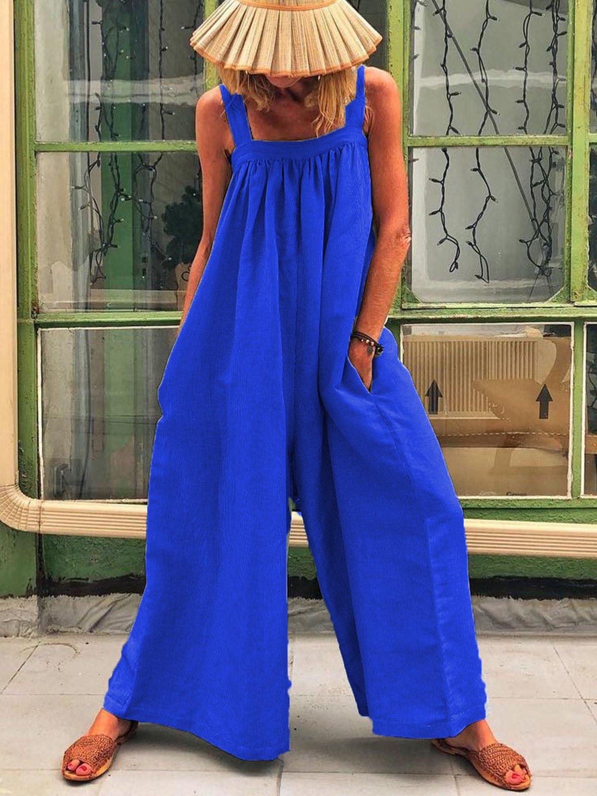 Solid Sleeveless Spaghettie Jumpsuit Wide Leg Pants