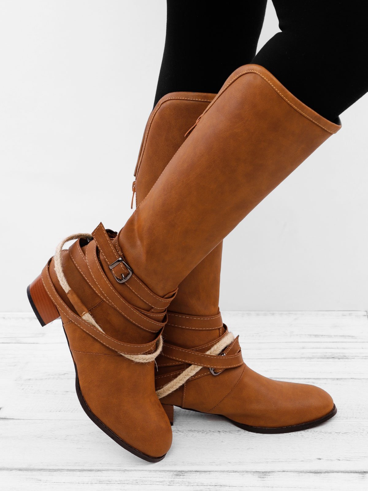 Vintage Adjustable Buckle Boots Plus Size Back Zipper Boots