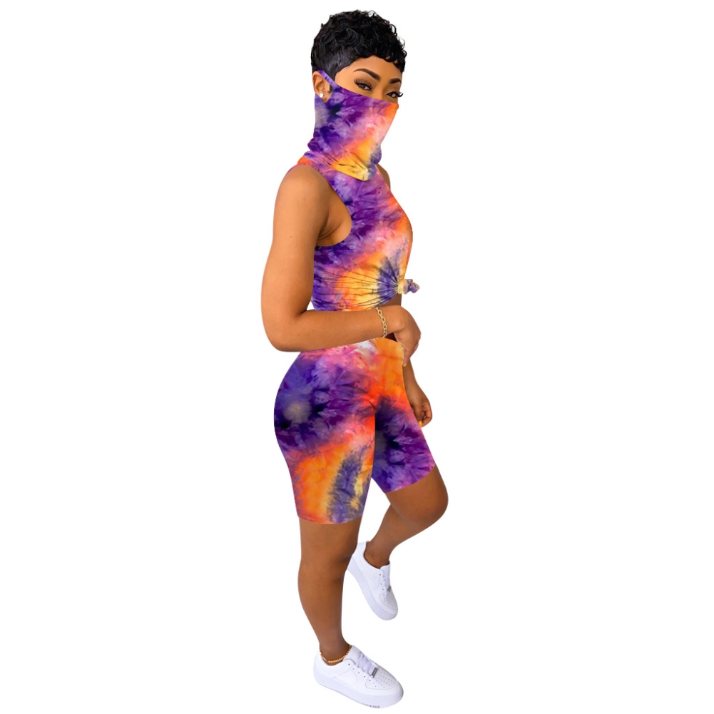 Summer Tie Dye Two Piece Short Set with Face Cover