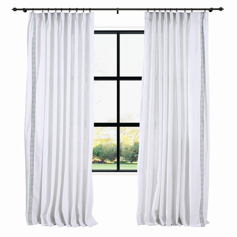 23     1432                           AMARA Polyester Linen Curtain Drapery With Decorative Trim Custom Sold Per Pair