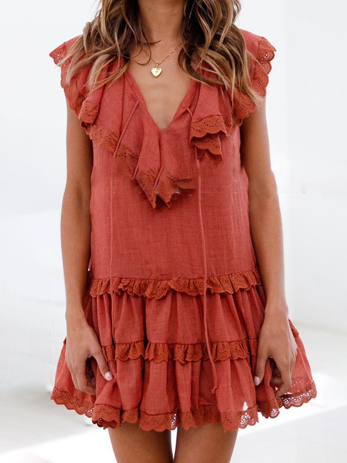 Summer Dress Paneled Pierced V-Neck Sweet Dresses