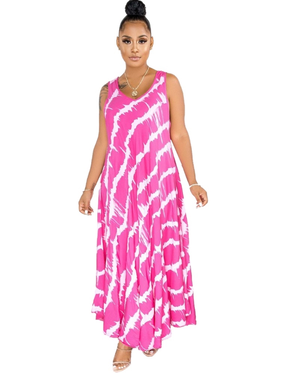 Summer Tie Dye O Neck Sleeveless Long Dress