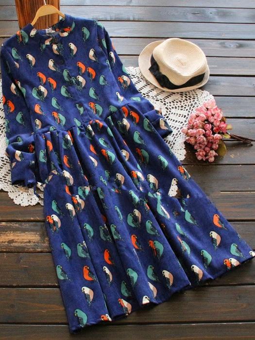 Long Sleeve Women Printed casual corduroy Dress
