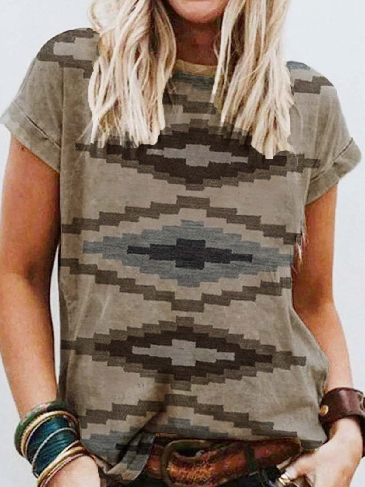 Cotton-Blend Short Sleeve Tribal Shirts & Tops