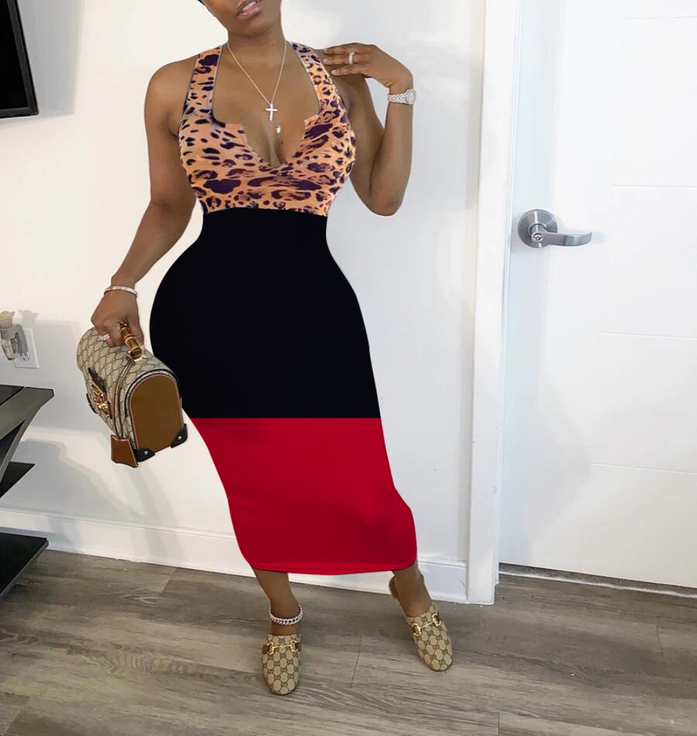 Leopard Print Sleeveless Contrast Midi Dress