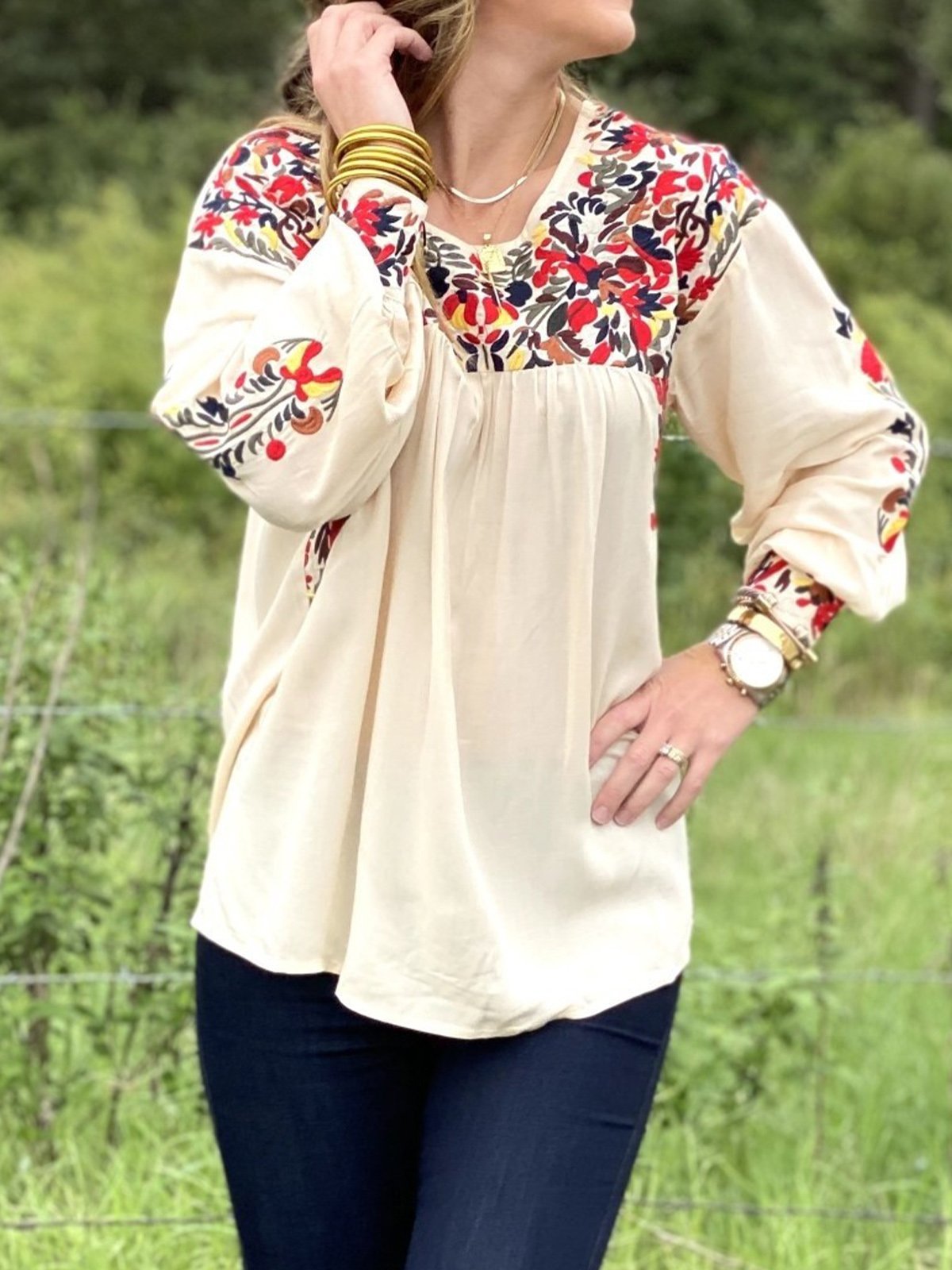 3/4 Sleeve Floral-Print Vintage Cotton-Blend Shirts & Tops