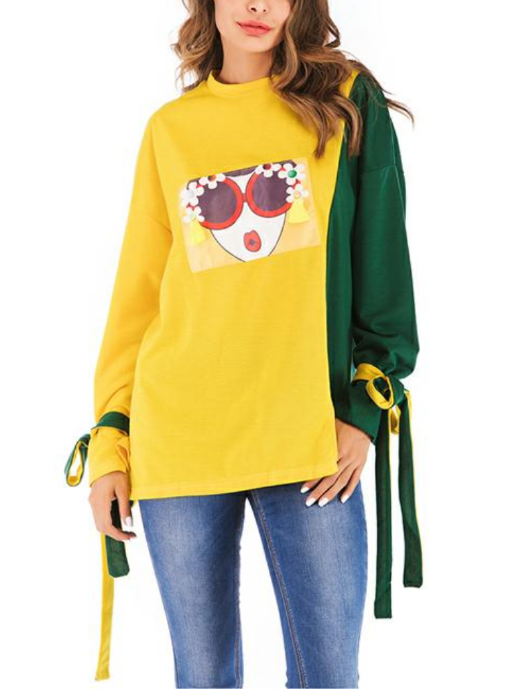 Bowknot Cotton Vintage Printed O-Neck Blouse & Shirts