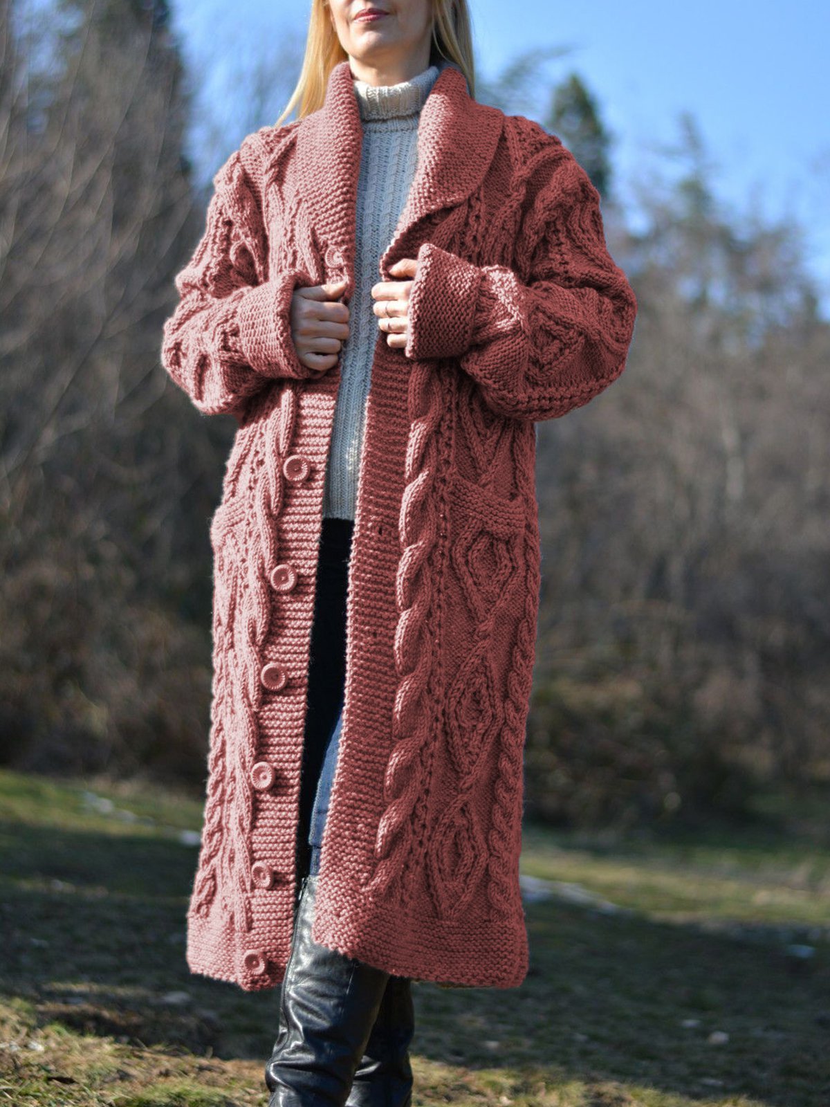 Grey Long Sleeve Knitted Buttoned plus size Outerwear