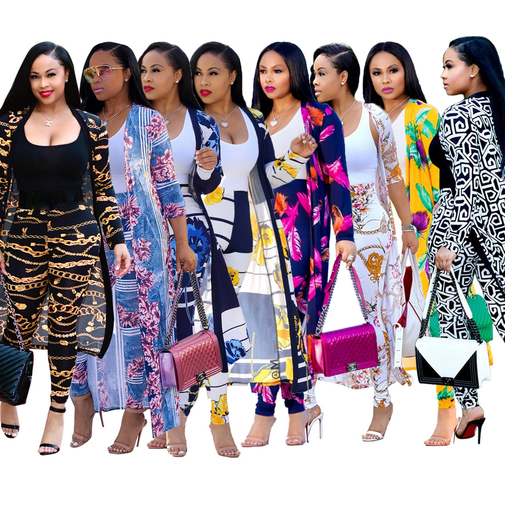 Foma Dresses Women fall clothing Lady elegant Printed long coat leggings two piece set boutique clothing