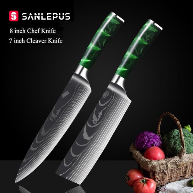 1-10 Pcs Chef Knife Set Kitchen Knives Laser Damascus Pattern Sharp Japanese Santoku Knife