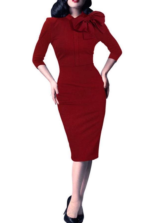 Elegant Round Neck Bow Slim Bodycon Dress