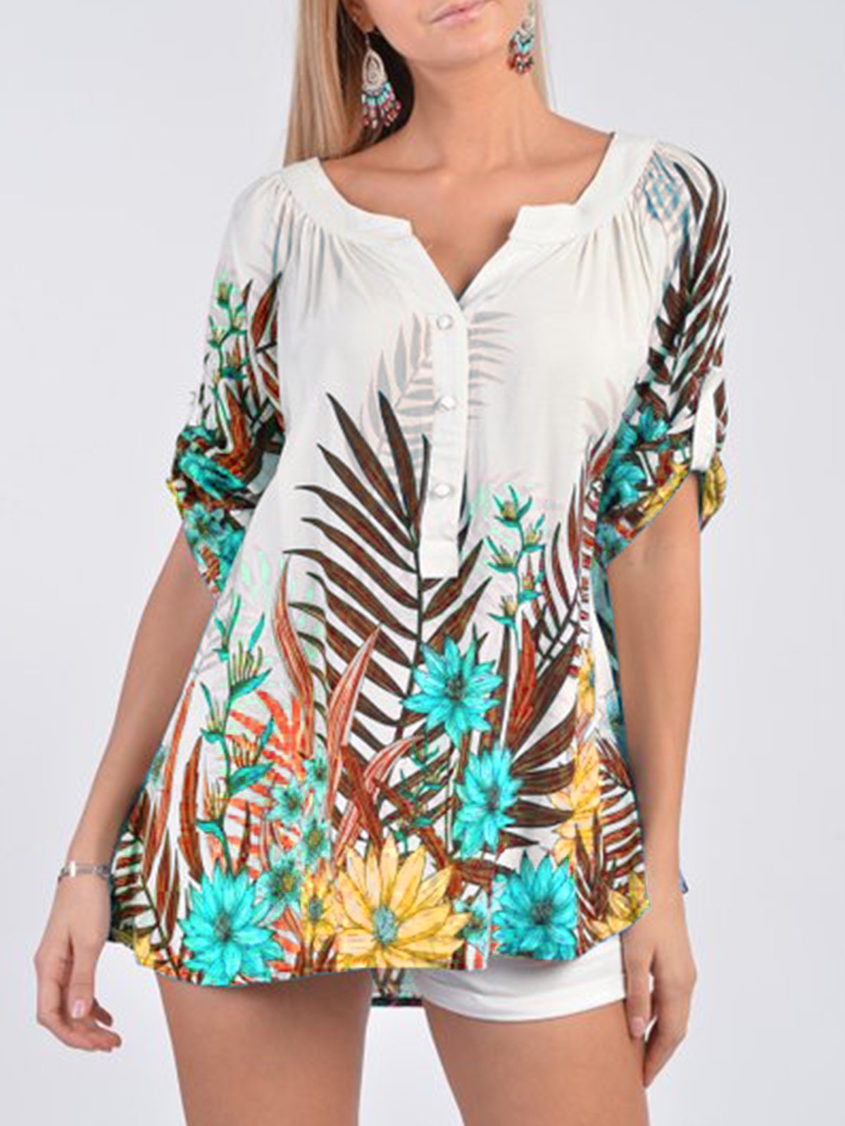 Vintage Floral Printed Short Sleeve Shirt For Women