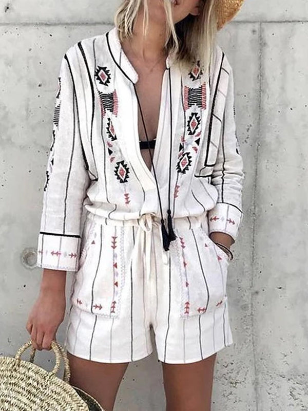 Fashion Turndown Collar Loose Printed Colour Jumpsuits