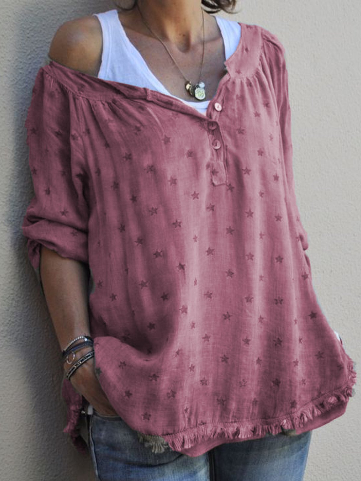 3/4 Sleeve V Neck Cotton Shirts & Tops