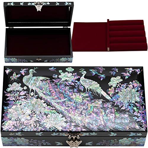 Peacock Large Wooden Gift Jewelry Box with Removable tray for women
