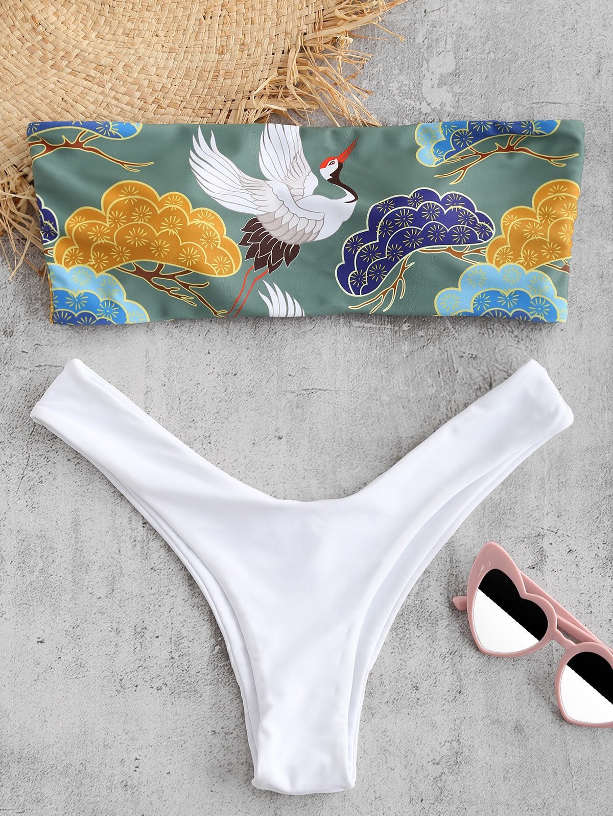 ZAFUL Birds Print Bandeau Bikini Set - Hazel Green