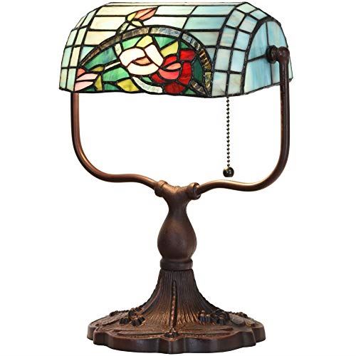 L10760 Rose Flower Tiffany Style Stained Glass Banker Desk Lamp/ 9���W x 15���H