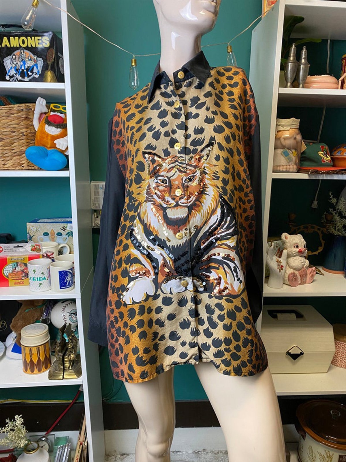 Tiger Leopard Floral-Print Long Sleeve Boho Shirts & Tops