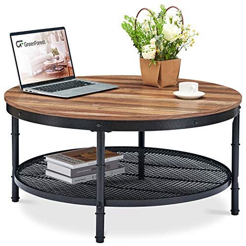 35.8” Round Coffee Table w/ Storage Open Shelf & Metal Legs for Living Room/2 Tier