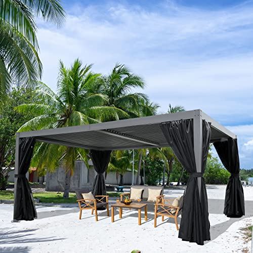 Domi Outdoor Living 12’ X 16’ Outdoor Louvered Pergola Aluminum Patio Garden Gazebo with Adjustable Roof for Backyard, Garden w/ Curtains and Netting
