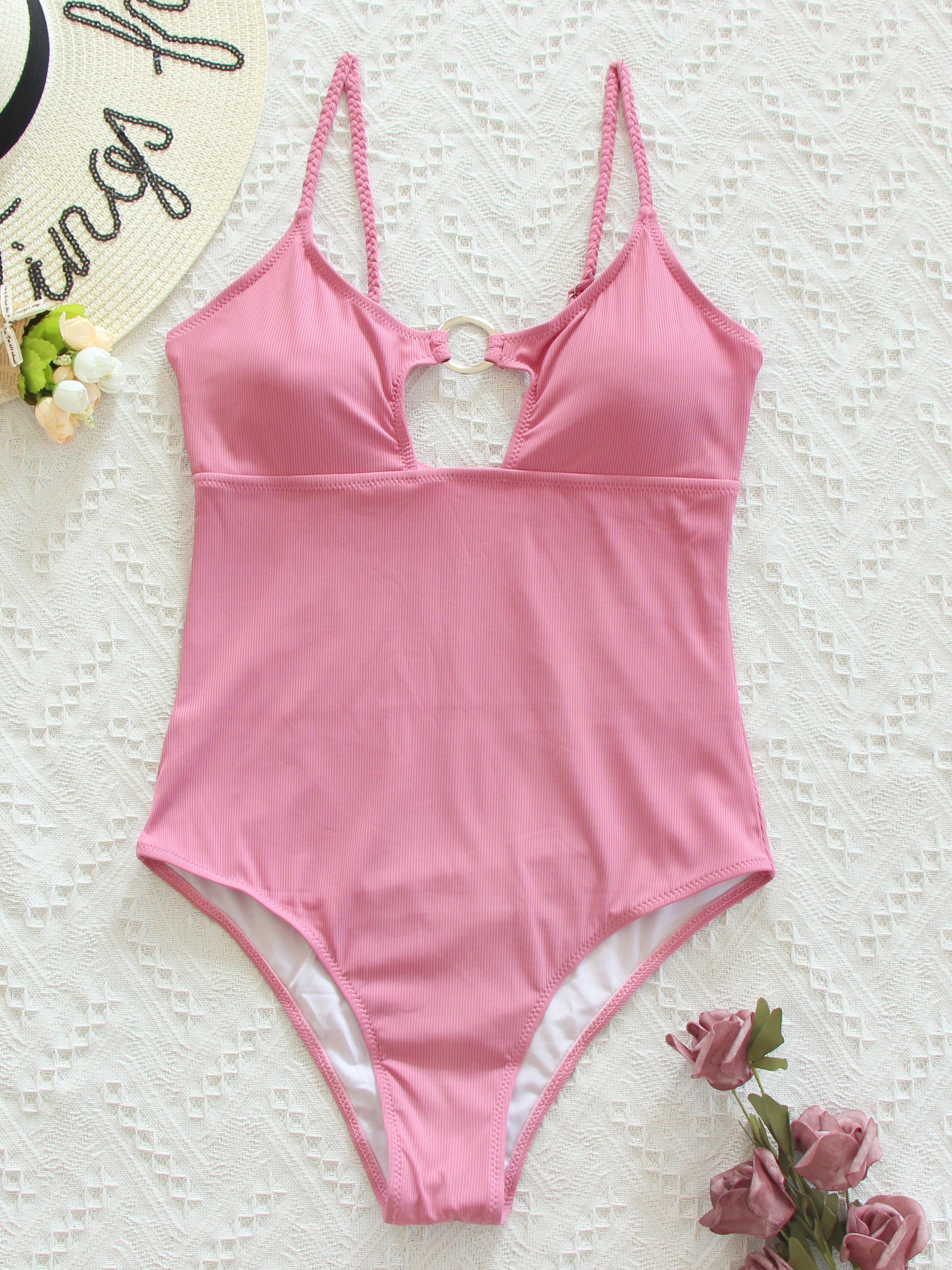 Solid O-ring Decor One-Piece Swimwear