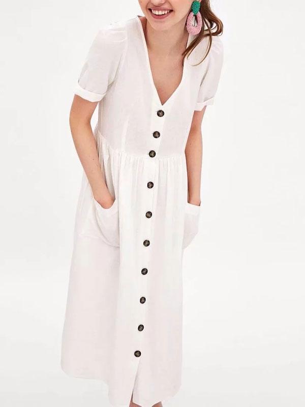 Solid Color V Neck Single-Breasted Causal Dress