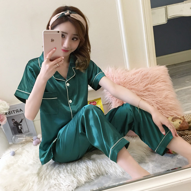 睡衣女士仿真丝夏季短袖长裤开衫少女丝绸 厂家代发 跨境亚马逊