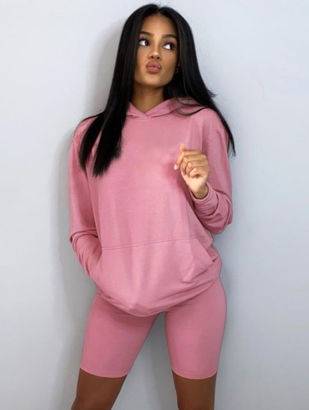 Autumn Plain Hoodie Two Piece Shorts Tracksuit