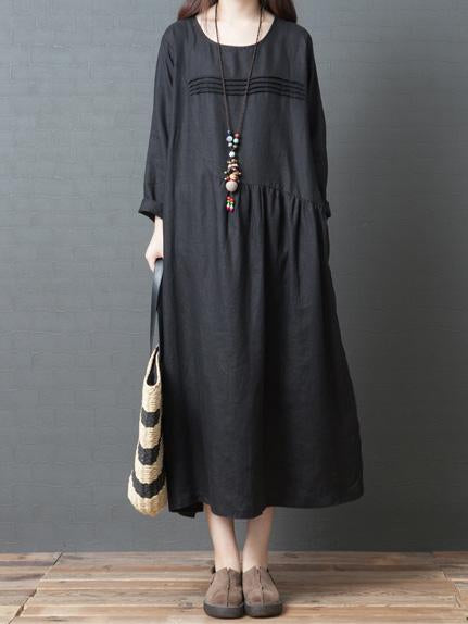 Long Sleeve Women Casual Crew Neck Loose Solid Cotton Long Dress