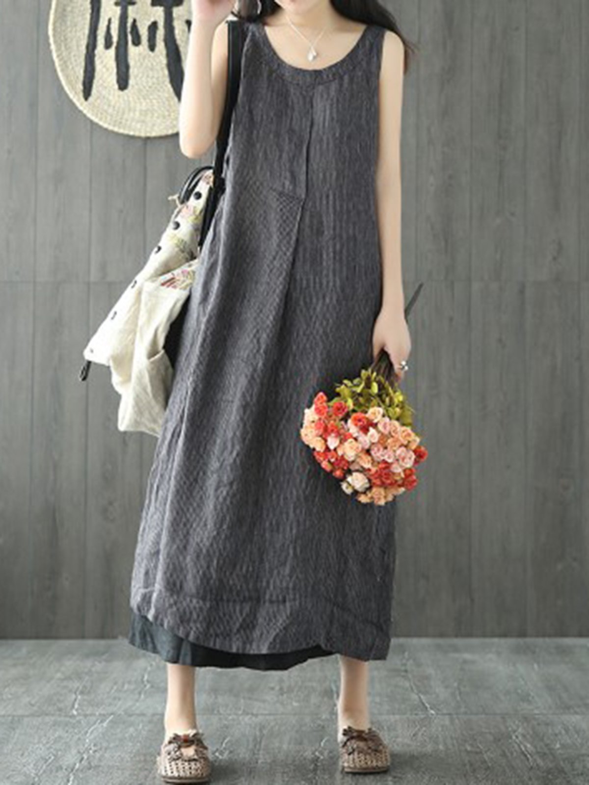 Linen Maxi Dress Plus Size  Crew Neck Shift Sleeveless Casual