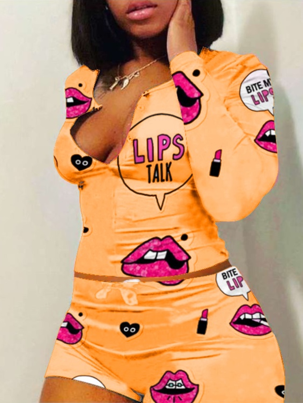 Lips Print Long Sleeve Crop Top and Shorts Set