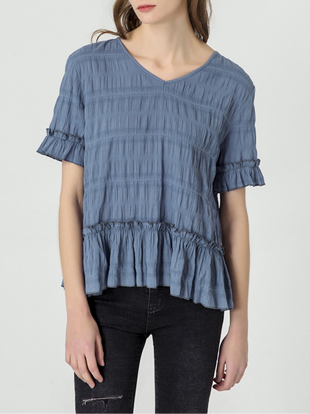 Blue Short Sleeve V Neck Cotton Shirts & Tops