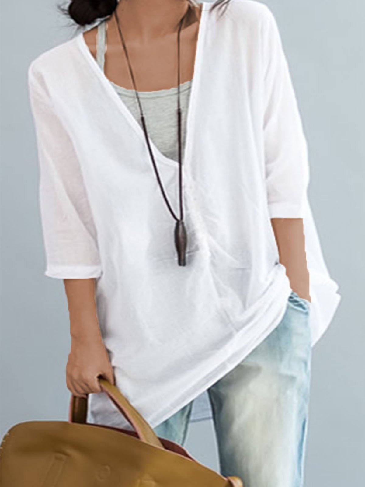 Plus Size Women Solid Front Button With Gray Sling Tops Loose Casual Midi Cotton Shirt