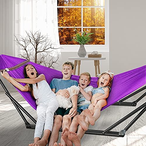Collapsible Hammock, Adjustable Hammock Stand with 2 Layered Polyester Net �C Purple