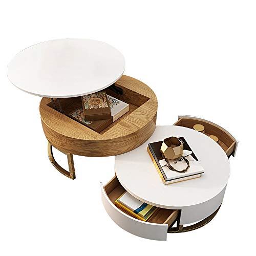 Homary Round Wood Coffee Table White with Storage Lift-Top & Rotatable Drawers