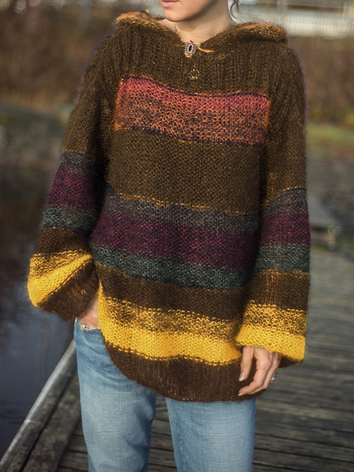 Color-Block Striped Hooded Women's Sweaters