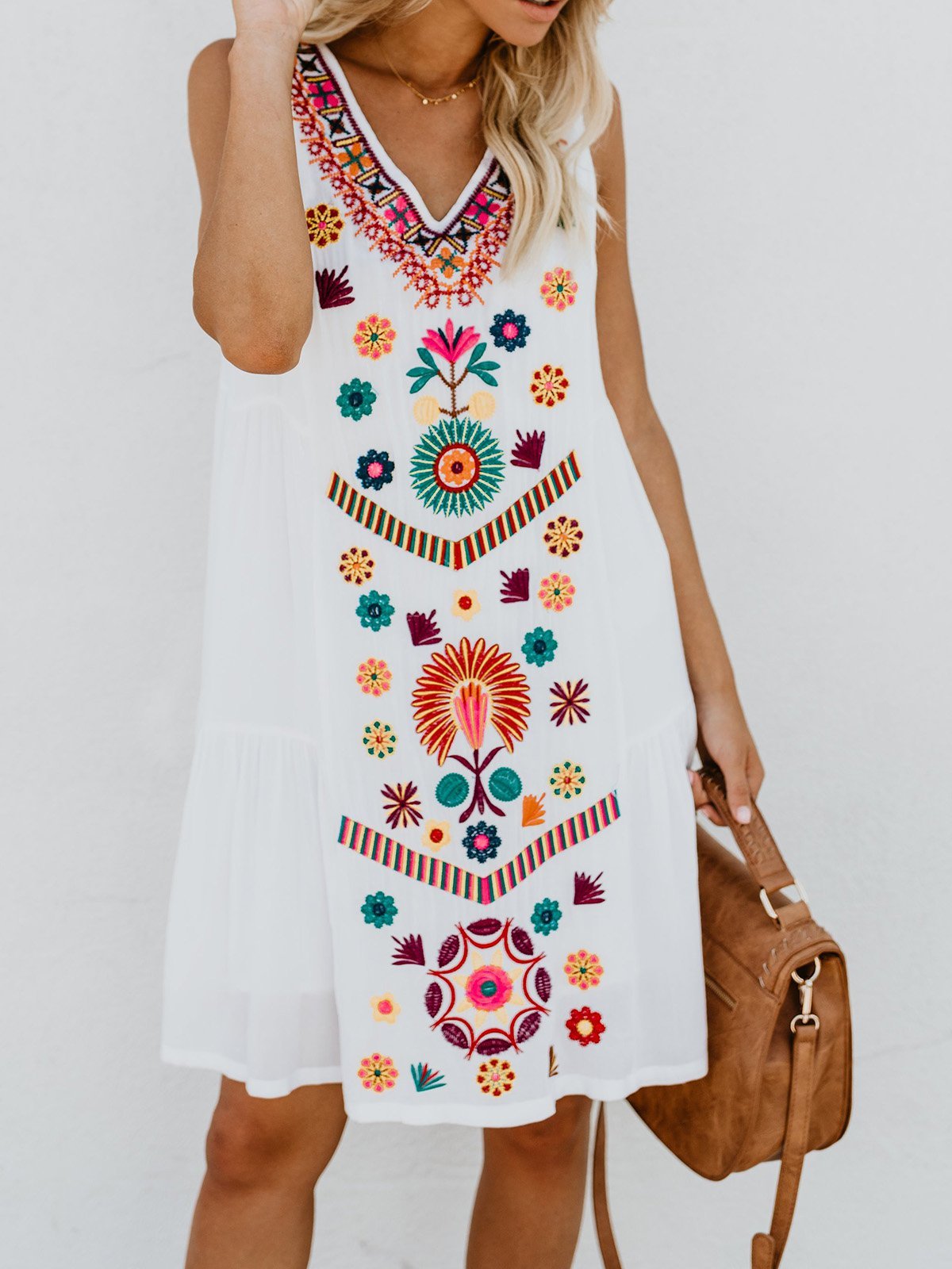 V neck White Women Summer Dress Shift Sleeveless Mini Dress