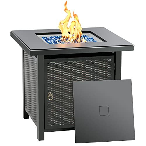 BALI OUTDOORS 28 Inch Propane Fire Pit Table, Rattan & Wicker-Look 50,000 BTU Gas Firepits with Blue Fire Glass for Outside Patio and Garden