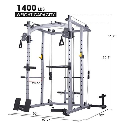 Mikolo Multi-Function Power Cage, 1400 lbs Commercial Weight Cage with Cable Crossover Machine, J-Hooks, Landmine