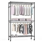 3 Tiers Garment Rack with Storage Shelves with Double Rods/ Lockable Wheels