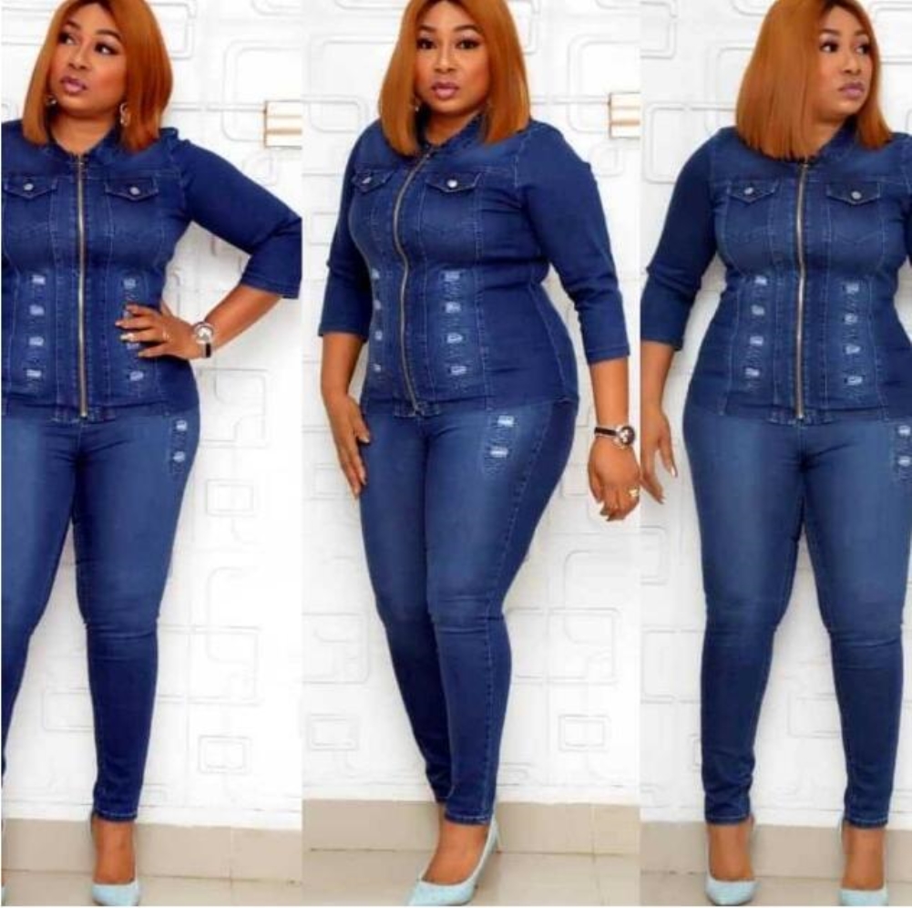 Plus Size African Two Piece Blue Jeans Set