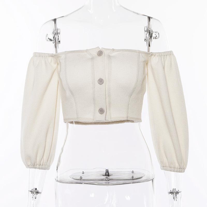 Sexy Off Shoulder Slash Neck Long Sleeve Button Knitted Tops