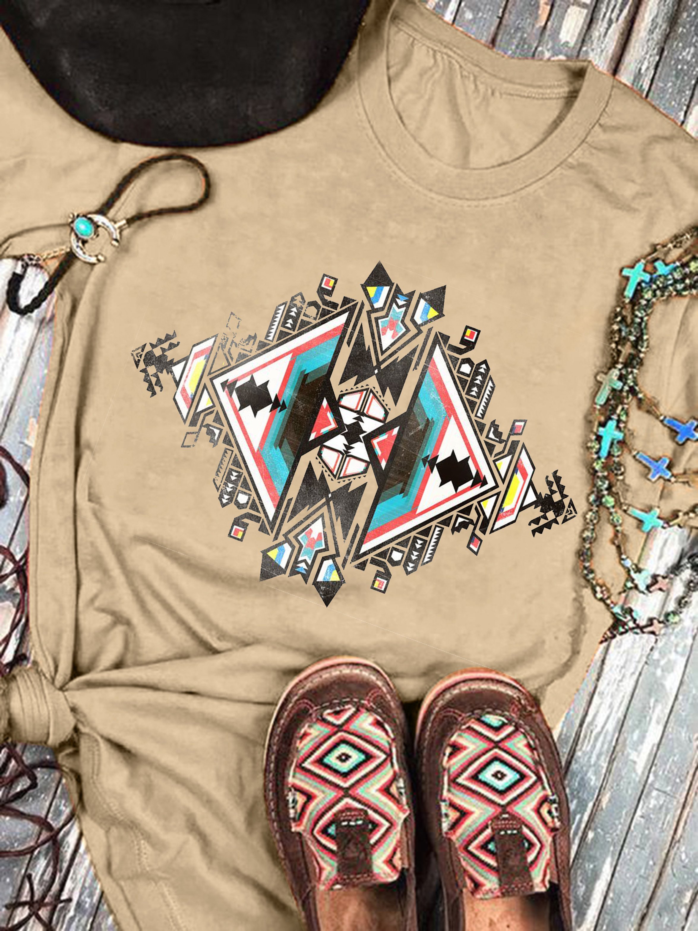 Apricot Printed Crew Neck Vintage Shift Shirts & Tops